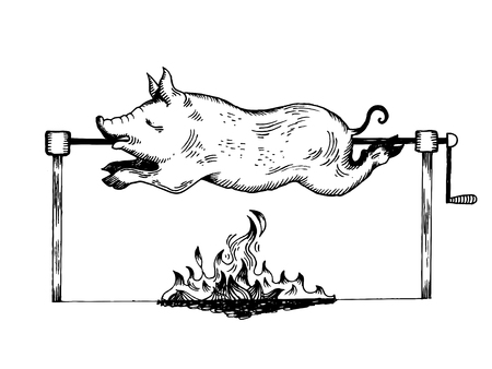 Piggy on spit engraving vector illustrationのイラスト素材