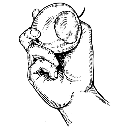 Hand with bitten apple engraving vector illustration. Scratch board style imitation. Hand drawn image.のイラスト素材