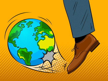 Foot hits Earth globe pop art retro vector illustration. Conceptual metaphor image. Comic book style imitation.のイラスト素材