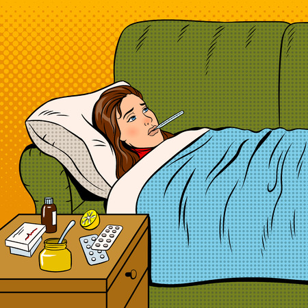 Flu sick girl in bed pop art retro vector illustration. Disease image. Comic book style imitation.のイラスト素材