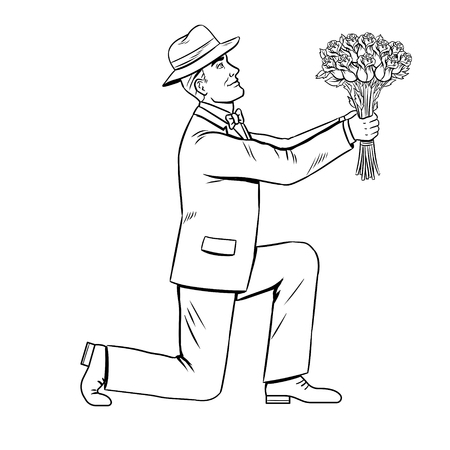 Man on one knee gives rose flowers bouquet coloring book vector illustration. Comic book style imitation.のイラスト素材