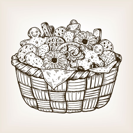 Basket with cookies and sweets engraving vector illustration. Brown aged background. Scratch board style imitation. Hand drawn image.のイラスト素材