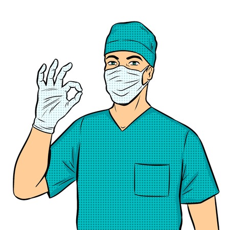 Doctor shows gesture pop art retro vector illustration. Isolated image on white background. Comic book style imitation.のイラスト素材