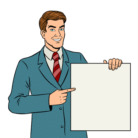 Businessman pointing finger at blank poster pop art retro vector illustration. Comic book style imitation.のイラスト素材