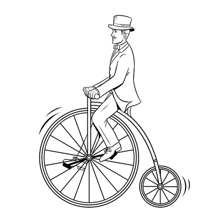 Gentleman ride vintage bicycle coloring book vector illustration. Isolated image on white background. Comic book style imitation.のイラスト素材