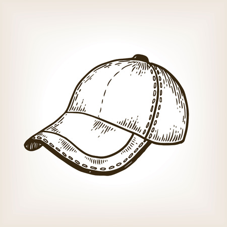 Baseball sport equipment cap engraving vector illustration. Brown aged background. Scratch board style imitation. Hand drawn image.のイラスト素材