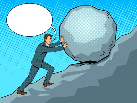 Businessman pushing rock uphill pop art vectorのイラスト素材