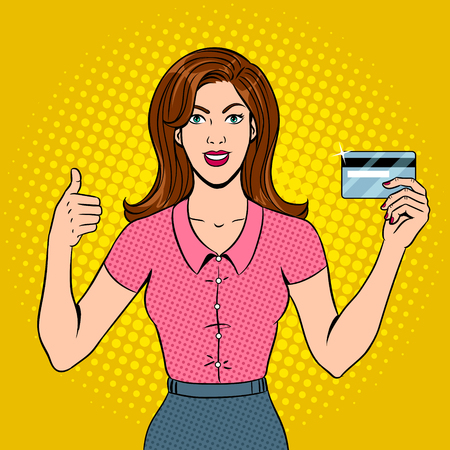 Young woman with bank card pop art retro vector illustration. Text bubble. Color background. Comic book style imitation.のイラスト素材