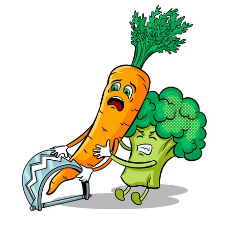 Cartoon carrot fell into trap and broccoli tries to free it pop art retro vector illustration. Isolated image on white background. Comic book style imitation.のイラスト素材