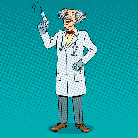 Mad crazy doctor with syringe in his hand pop art retro vector illustration. Color background. Comic book style imitation.のイラスト素材