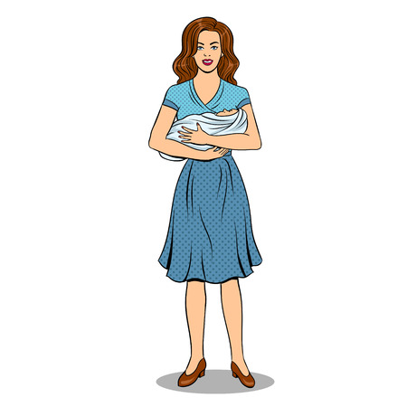Woman is holding baby in her arms pop art retro vector illustration. Mother and child. Isolated image on whtie background. Comic book style imitation.のイラスト素材