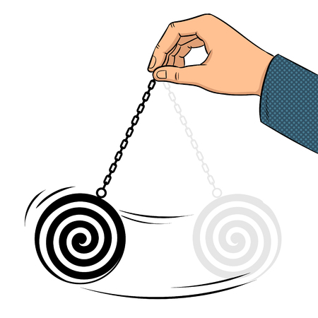 Hypnotizer pendulum in hand pop art retro vector illustration. Isolated image on white background. Comic book style imitation.のイラスト素材