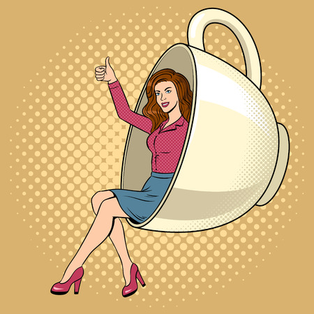 Beauty young woman in coffee cup pop art.のイラスト素材