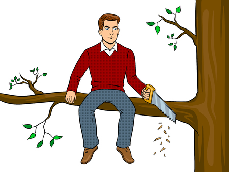 Man sawing tree branch and sit pop art vector