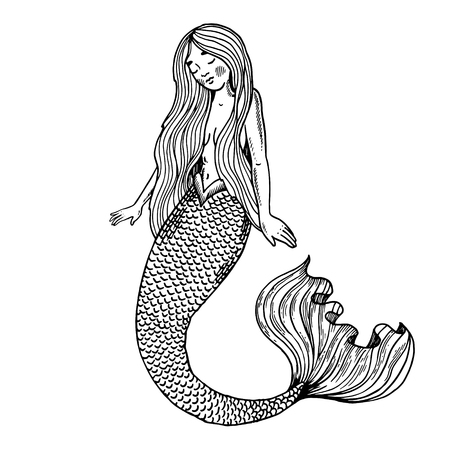 Mermaid fabulous creature engraving vectorのイラスト素材