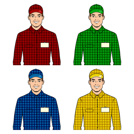 Seller guy with different colors suit pop art retro vector illustration. Color background. Comic book style imitation.のイラスト素材