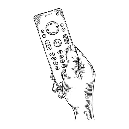 TV remote control in hand engraving vector illustration. Scratch board style imitation. Black and white hand drawn image.のイラスト素材