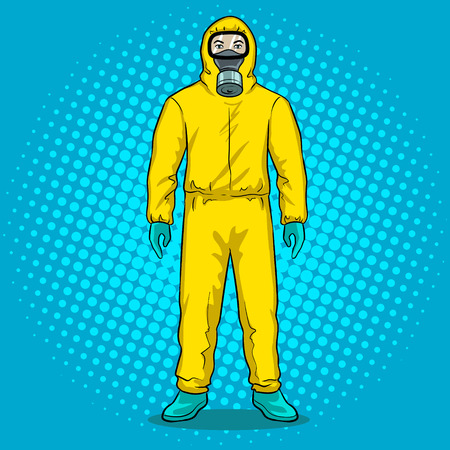 Man in protective hazard suit pop art vector illustration.のイラスト素材