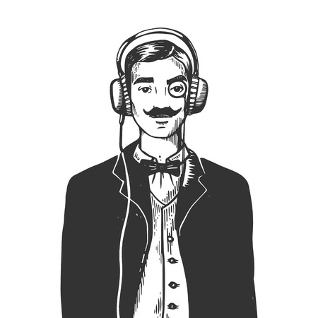 Old fashioned gentleman listening music on headphones engraving vector illustration. Scratch board style imitation. Black and white hand drawn image.のイラスト素材