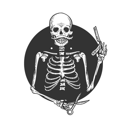 Skeleton barber engraving vector illustration. Scratch board style imitation. Black and white hand drawn image.のイラスト素材