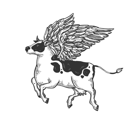 Fake flying cow farm animal engraving vector illustration. Scratch board style imitation. Black and white hand drawn image.のイラスト素材