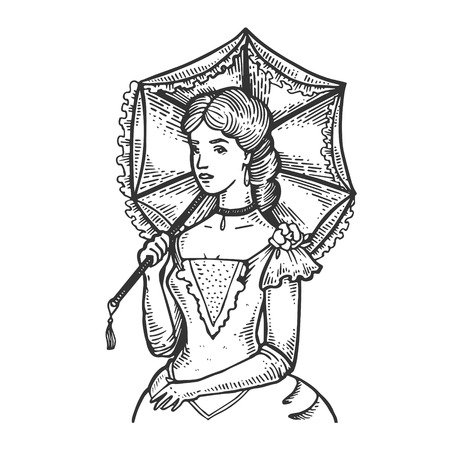 Old fashioned girl with vintage sun umbrella engraving vector illustration. Scratch board style imitation. Black and white hand drawn image.のイラスト素材