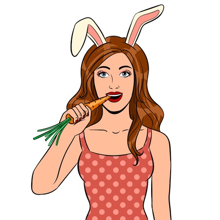 Stylish beauty young woman with bunny ears and carrot pop art retro vector illustration. Isolated image on white background. Comic book style imitation.のイラスト素材