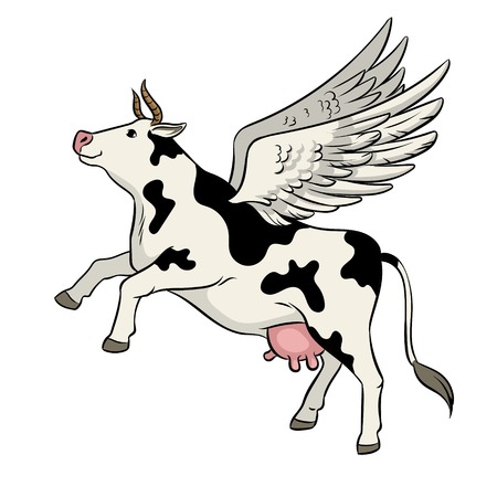 Fake flying cow farm animal pop art retro vector illustration. Isolated image on white background. Comic book style imitation.のイラスト素材