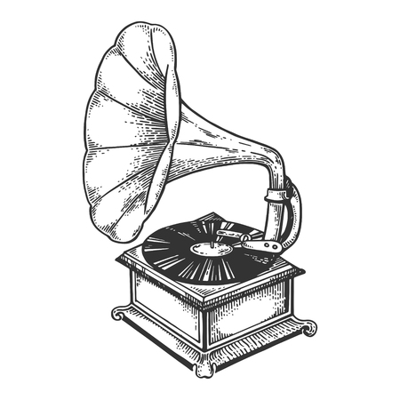 Old fashioned gramophone engraving vectorのイラスト素材