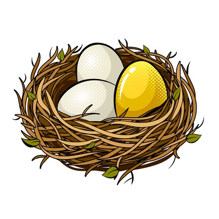 Nest with golden egg pop art retro vector illustration. Isolated image on white background. Comic book style imitation.のイラスト素材