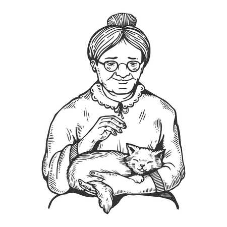 Old woman and cat engraving vector illustrationのイラスト素材