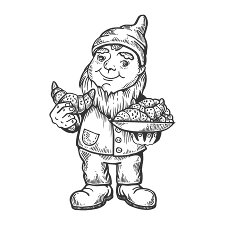 Gnome with croissant engraving vector illustrationのイラスト素材