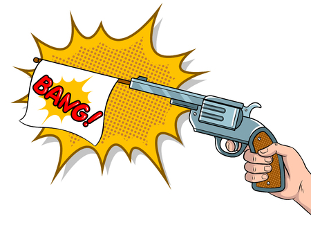 Pistol with white flag imitation shooting pop art retro vector illustration. Isolated image on white background. Comic book style imitation.のイラスト素材