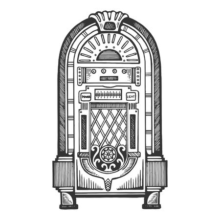 Jukebox engraving vector illustration. Scratch board style imitation. Black and white hand drawn image.のイラスト素材