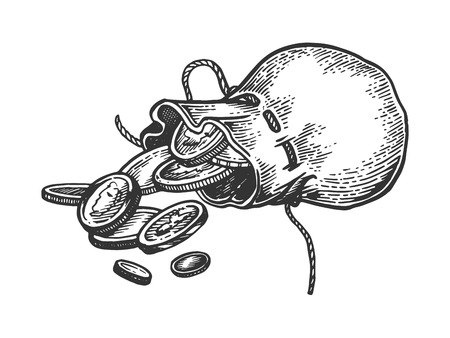 Coin bag engraving vector illustration. Scratch board style imitation. Black and white hand drawn image.のイラスト素材