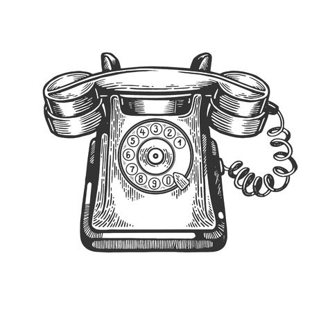 Old rotary dial phone engraving vector illustration. Scratch board style imitation. Black and white hand drawn image.の写真素材