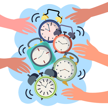 Hands turn off alarms. Colorful flat style. Cartoon vector illustrationのイラスト素材