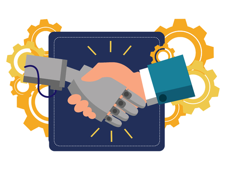 Mechanical human robot handshake . Business make deal metaphor in minimalistic flat style. Cartoon vector illustrationのイラスト素材