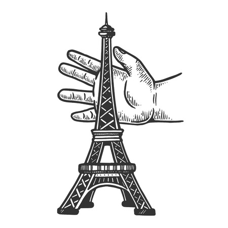 Child hand playing with eiffel tower engraving vector illustration. Scratch board style imitation. Black and white hand drawn image.のイラスト素材