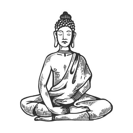 Meditating buddha in Lotus position engraving vector illustration. Scratch board style imitation. Black and white hand drawn image.のイラスト素材
