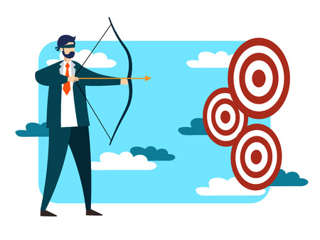 Blindfolded businessman trying to hit target or achive goal. Business success metaphor in flat style. Cartoon vector illustrationの写真素材