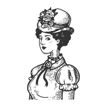 Old fashioned girl with vintage engraving vector illustration. Scratch board style imitation. Black and white hand drawn image.のイラスト素材