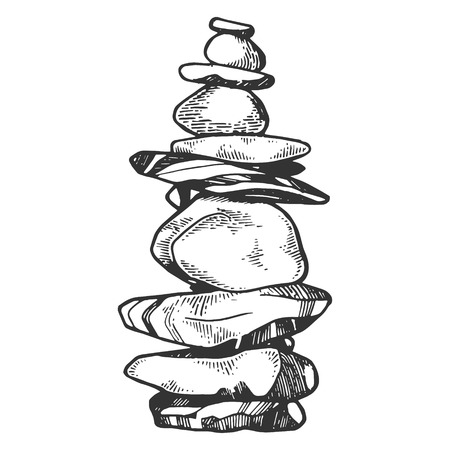 Tower of balancing stones engraving vector illustration. Scratch board style imitation. Black and white hand drawn image.のイラスト素材