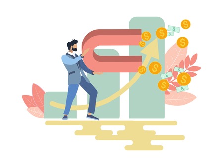 Businessman with magnet attracts money income. Business metaphor in minimalistic flat style. Cartoon vector illustrationのイラスト素材
