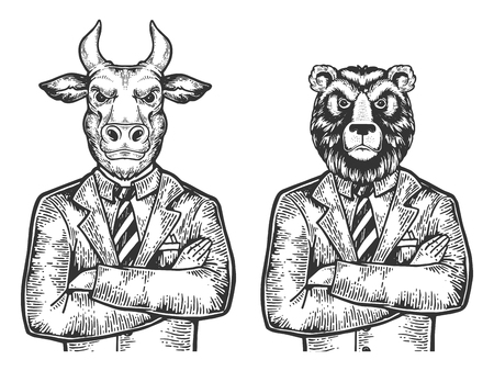 Bull and Bear head stock exchange worker businessmean engraving vector illustration. Scratch board style imitation. Black and white hand drawn image.のイラスト素材