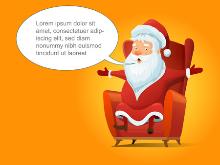 Santa Claus is sitting in red chair cartoon vector illustration. Yellow backgroundのイラスト素材