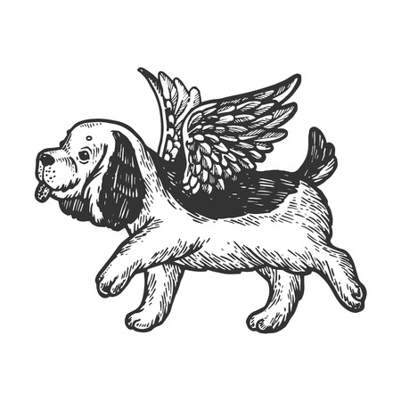 Angel flying dog puppy engraving vector illustration. Scratch board style imitation. Black and white hand drawn image.のイラスト素材