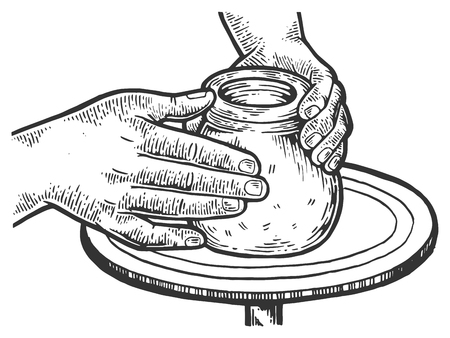 Potter makes pot of clay on potter's wheel engraving vector illustration. Scratch board style imitation. Black and white hand drawn image.の写真素材
