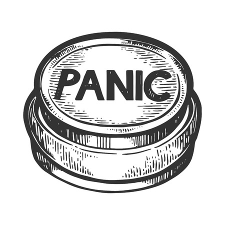 Panic button engraving vector illustration. Scratch board style imitation. Black and white hand drawn image.のイラスト素材