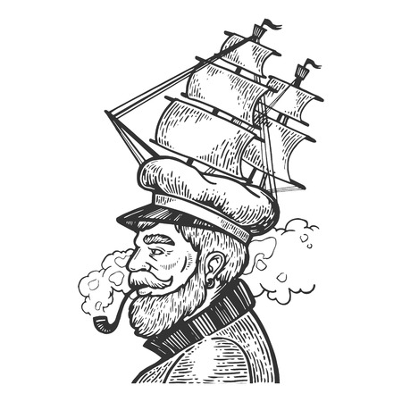 Captain man with sailing ship hat and smoking pipe engraving vector illustration. Scratch board style imitation. Black and white hand drawn image.のイラスト素材